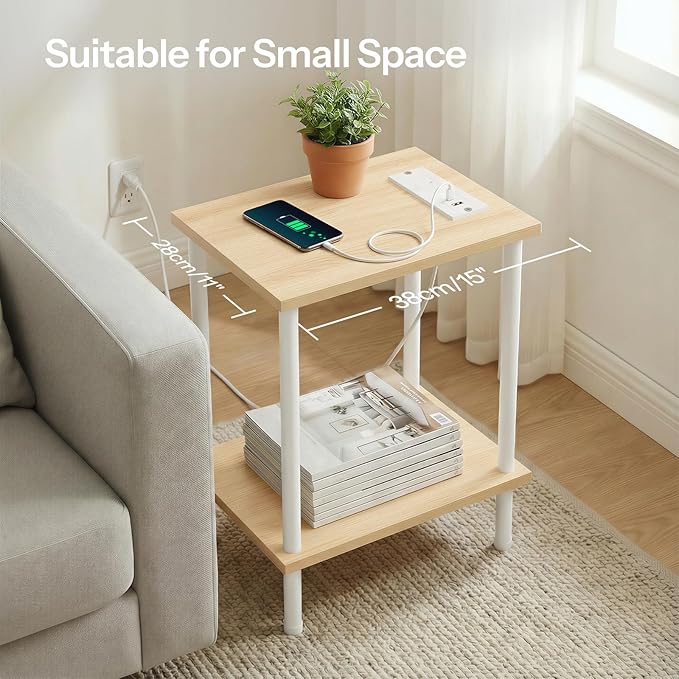 HOOBRO Side Table with Charging Station, Nightstand with 2-Layer Storage Shelves