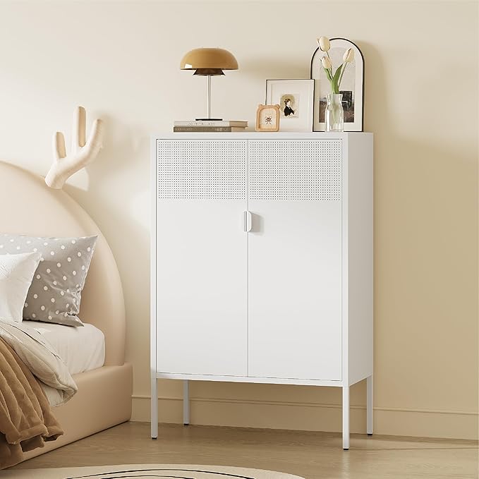 Metal Storage Cabinet, 2 Door TV Stand, Metal Mesh Accent Cabinet, Magnetic