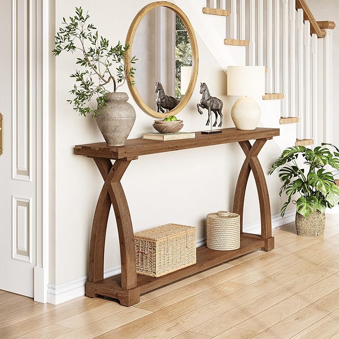 Solid Wood Console Table for Entryway, 63-Inch Narrow Farmhouse Couch Table