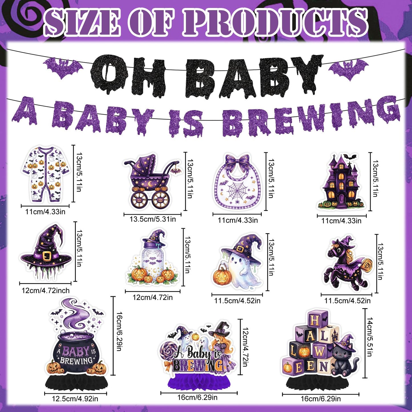 Deorfuy Halloween Baby Shower Decorations, 16PCS a Baby is Brewing Banners with Hanging Swirls Decorations, Halloween Gender Reveal Honeycomb Centerpieces and Paper Poms Decor Supplies Black Pink