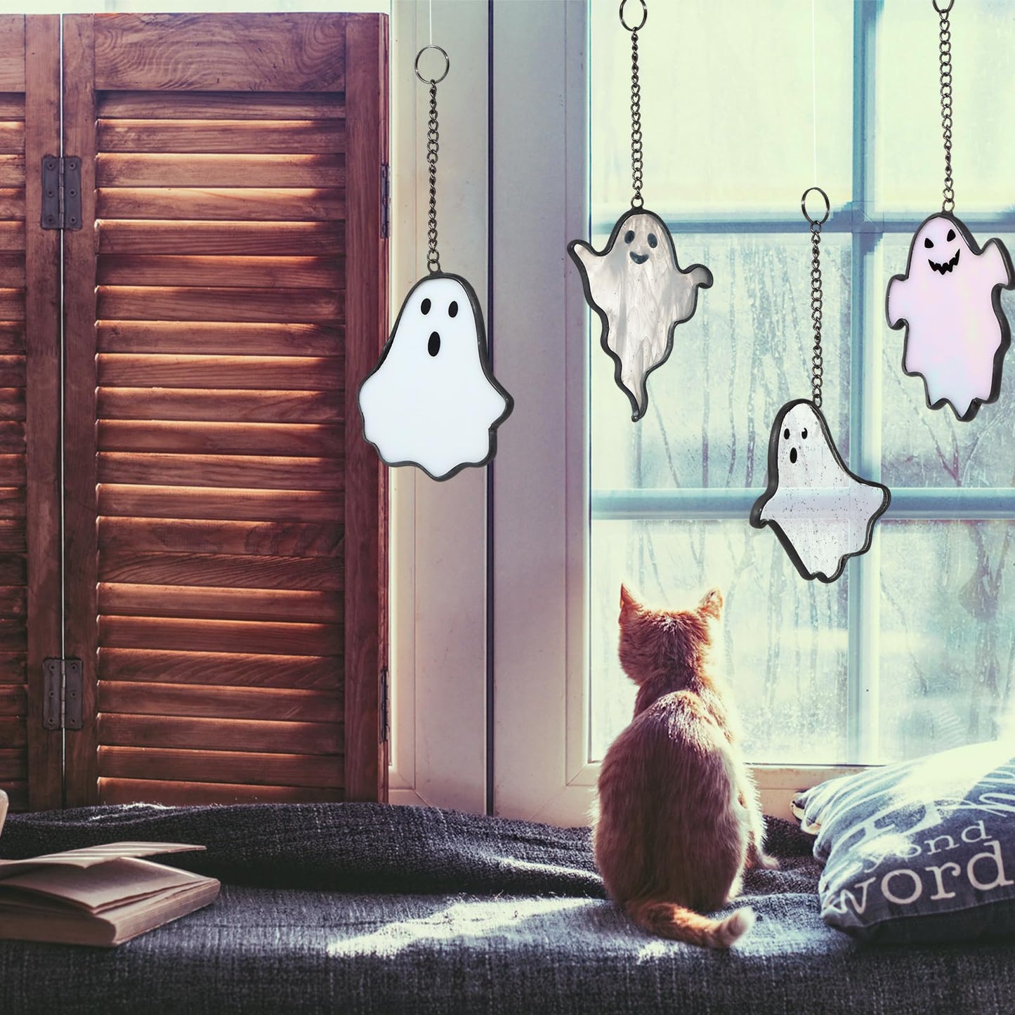Yungyan 4 Pcs Halloween Ghost Stained Glass Suncatcher Hand Painted Window Hangings Suncatcher Halloween Goth Decoration for Home, Office, Kitchen, Living Room, Wall