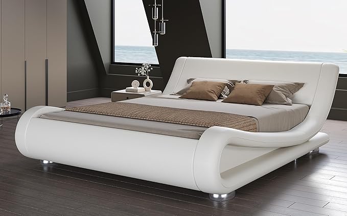 SHA CERLIN King Size Upholstered Bed Frame, Deluxe Low Profile Sleigh Bed