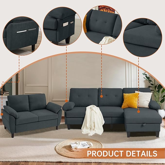 84" Convertible Sectional Sofa Set, 3 Seat L Shaped Couch
