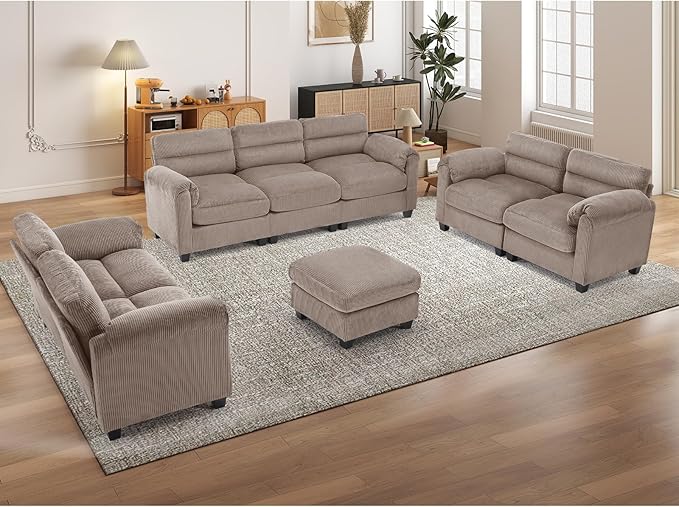 HAOMARKETS Corduroy Sofa Set, Upholstered Ottoman, Loveseat Set of 2, and
