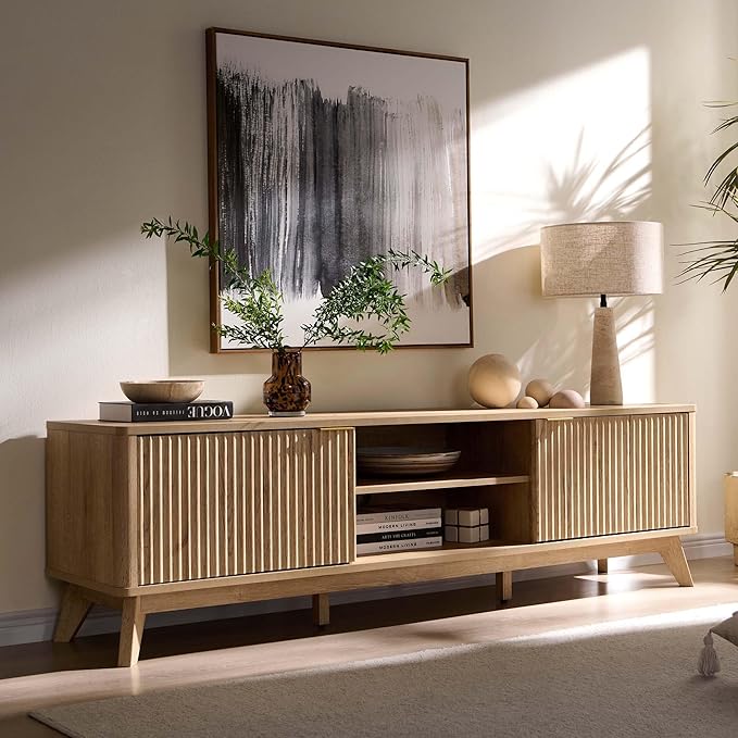 OKD 70" Mid Century Modern Fluted TV Stand, Entertainment Center, Media Console