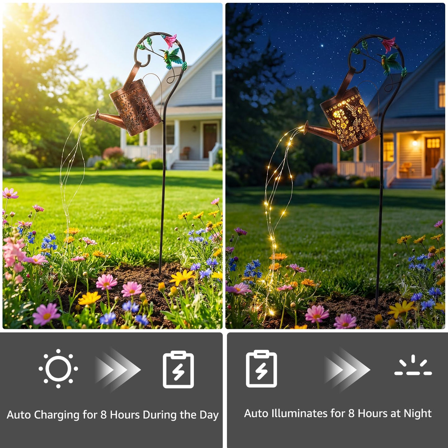 MEBRUDY Solar Garden Decor Lights, IP44 Waterproof Metal Hummingbird Solar Watering Can Lights Outdoor Decor for Yard Pathway Patio Lawn, Gifts for Women Mom Grandma Birthday