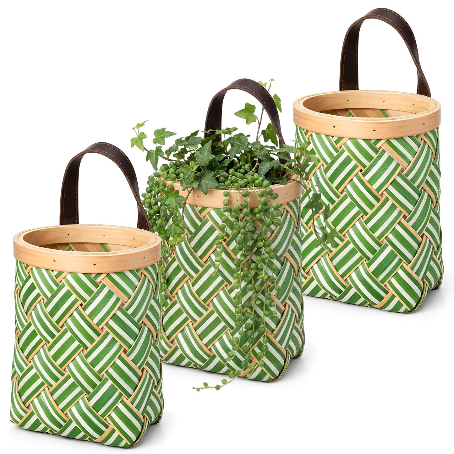 Yinkin 3 Pack 6 Inch Small Wall Hanging Basket Woven Wood Storage Basket Hanging Rope Organizer Flower Plants Vegetable Wall Decoration for Porch Living Room Bedroom Home (Sage Green)