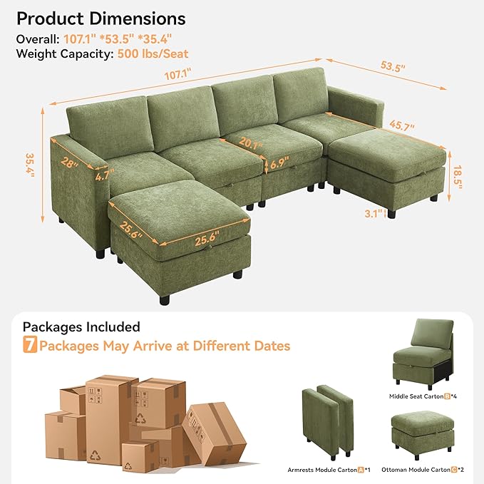 WUTUTUEE 107”Modular Sectional Sofa Convertible U Shaped Sofa Couch Set