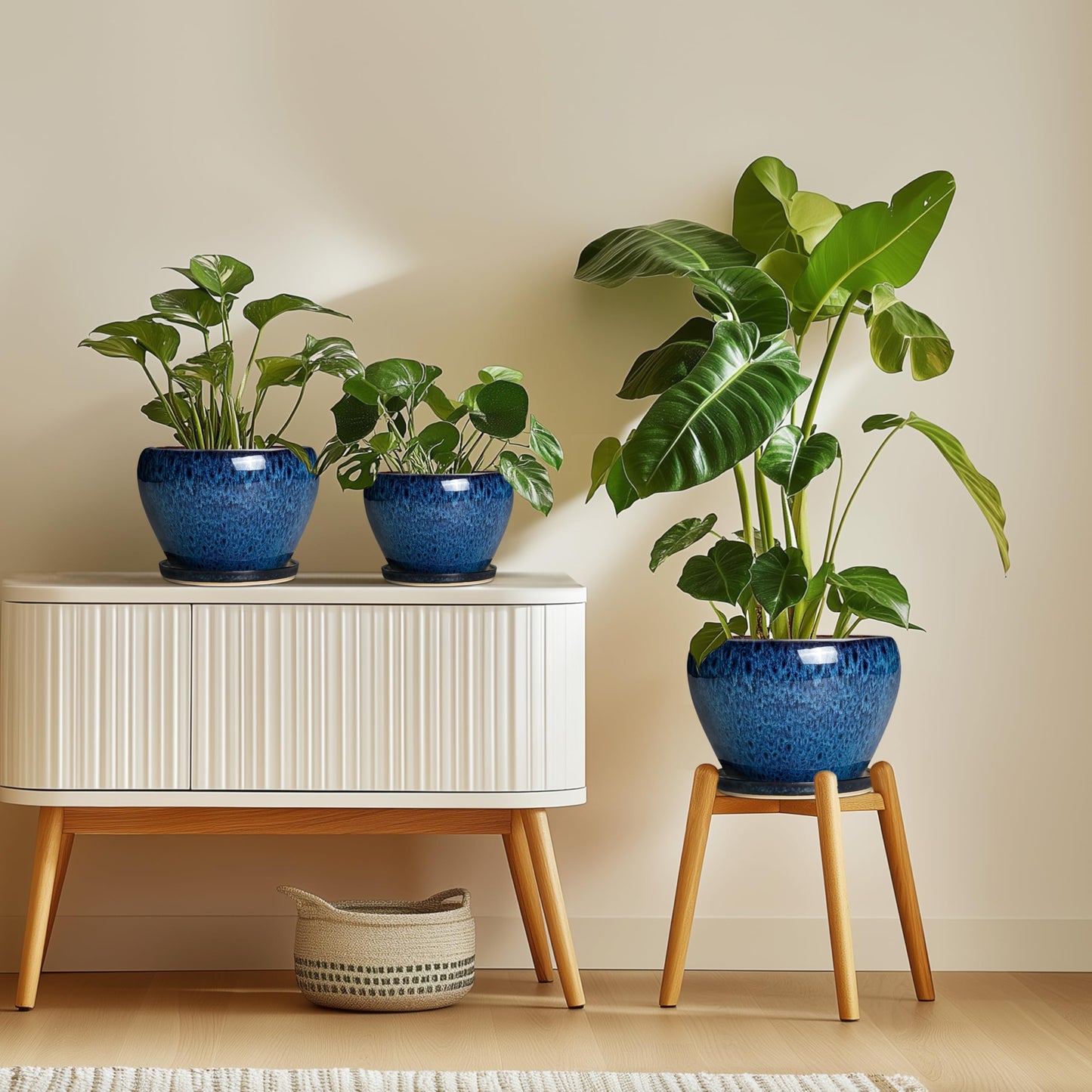 Thirtypot 10 Inch Plant Pot - Ceramic Planter with Drainage Hole and Plant Saucer, Round Planter Indoor Outdoor, Modern Planters, Large Flower Pot, Home Room Office Decor, Housewarming Gifts, Blue