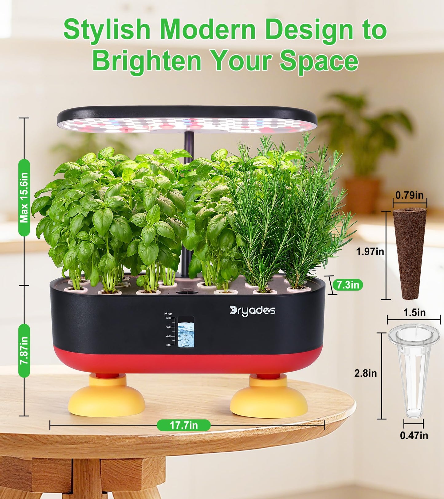 DRYADES 16 Pods Hydroponic Growing System, Indoor Garden with 24W Full-Spectrum LED, Smart Quiet Auto-Watering Herb Planter, Classic Red-Black Gift Design for Home, Office & Holiday
