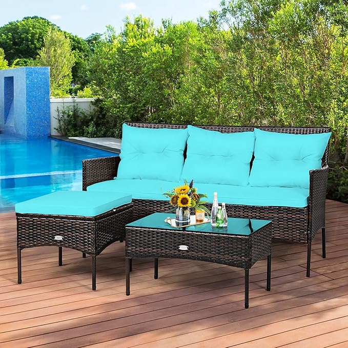 Tangkula 3 Pieces Patio Conversation Set, Outdoor PE Rattan Wicker Furniture