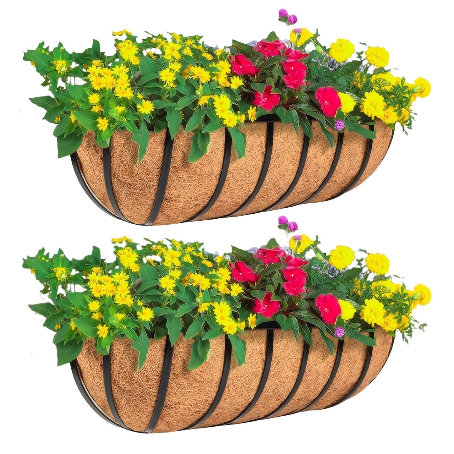 ZVOWOS 2 Pack 36" Railing Planter Window Box with Coco Fiber Liner Horse Trough Planter The Railing Planter Boxes for Deck Porch Fence Outdoor