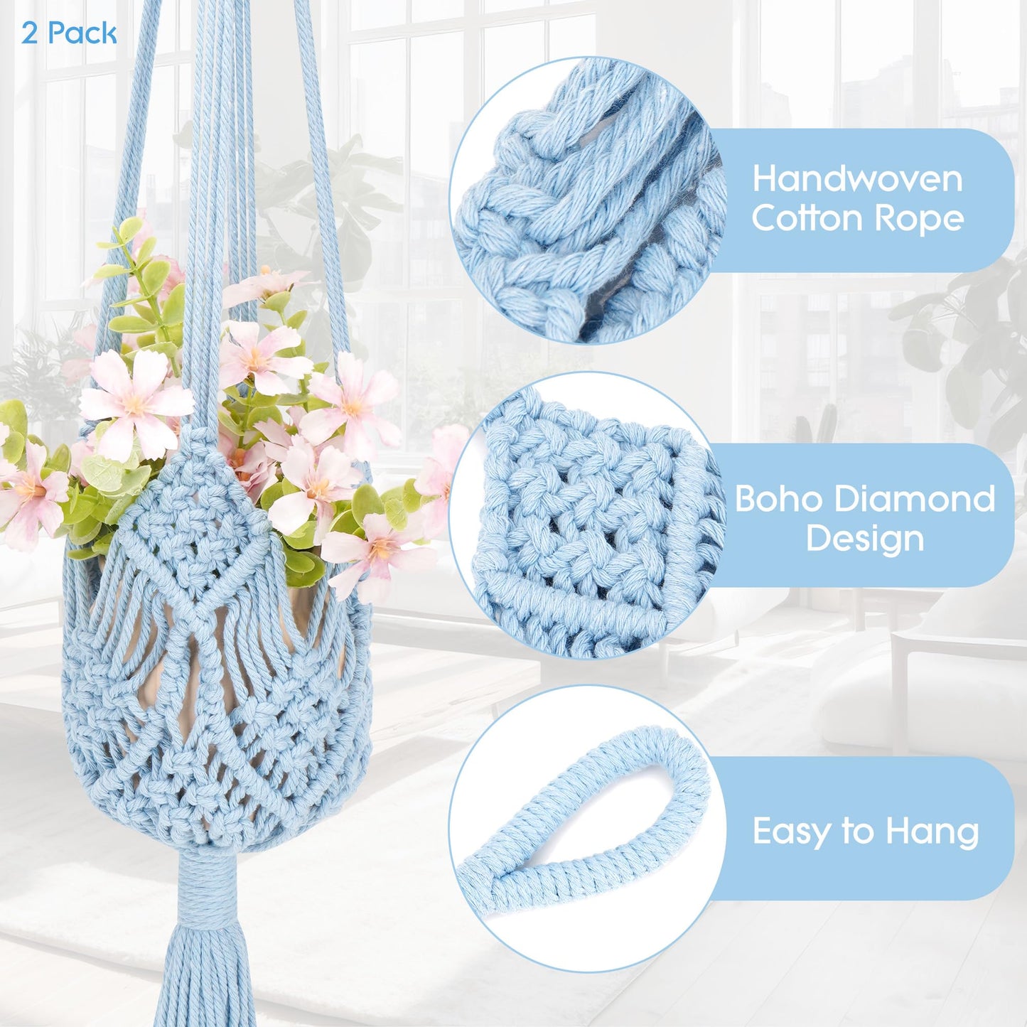 BUNCHBRAVO 2 Pack Macrame Plant Hangers, 33-Inch Cotton Rope Hanging Planters with Diamond Design, Boho Home Decor for Indoor and Outdoor Use, Blue