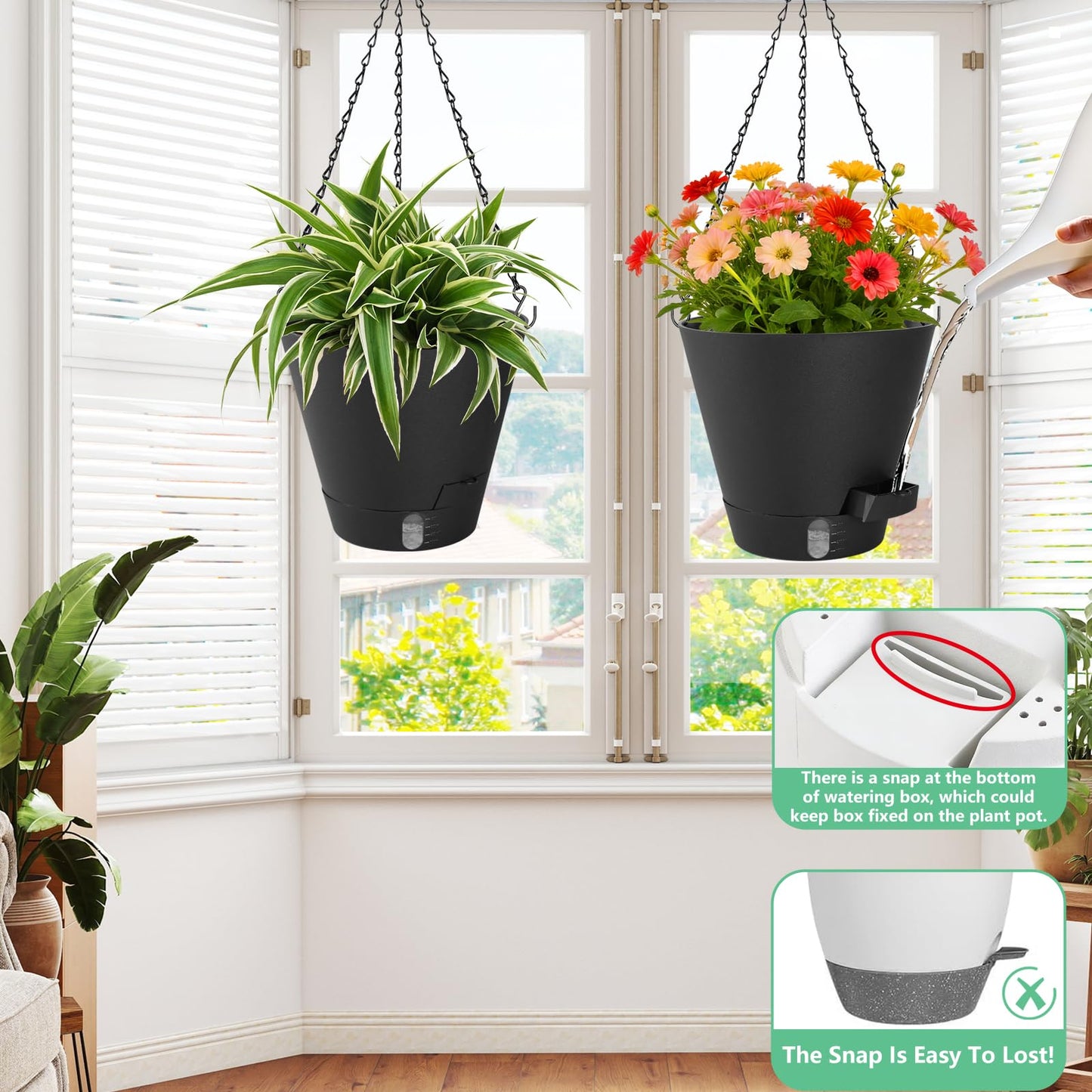 8 Inch Hanging Planters Indoor Outdoor, 3 Pack Plastic Self Watering Plant Pots with Drainage Holes & Saucers, Hanging Baskets Flower Pots with Chain for Ivy, Spider Plant, Pothos, Ferns
