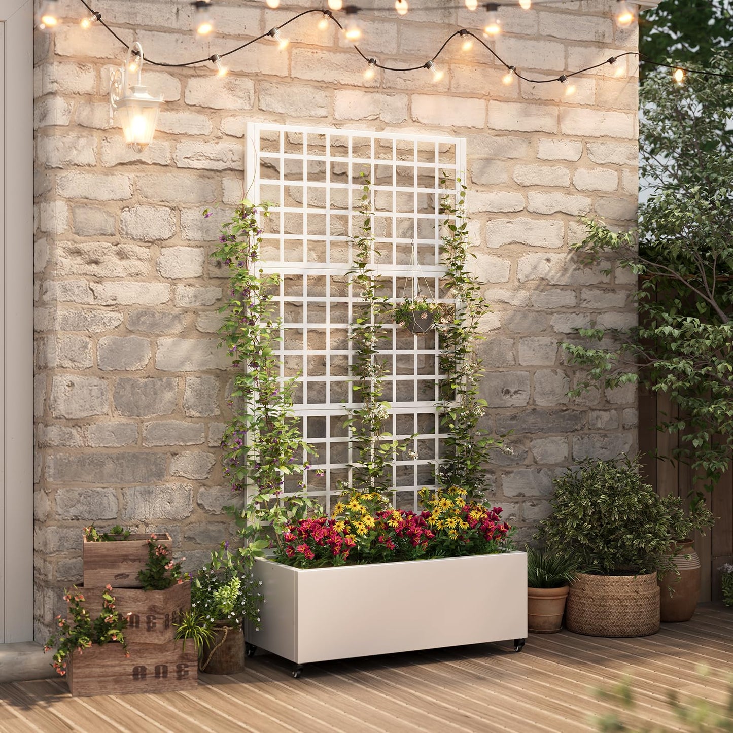 Metal Planter Box with Trellis,72"x35"x15",Galvanized Raised Garden Bed Trellis Outdoor Planter with Privacy Screen & Wheels and Drainage Holes,for Patio Climbing Vegetables,Flowers,Vines,White