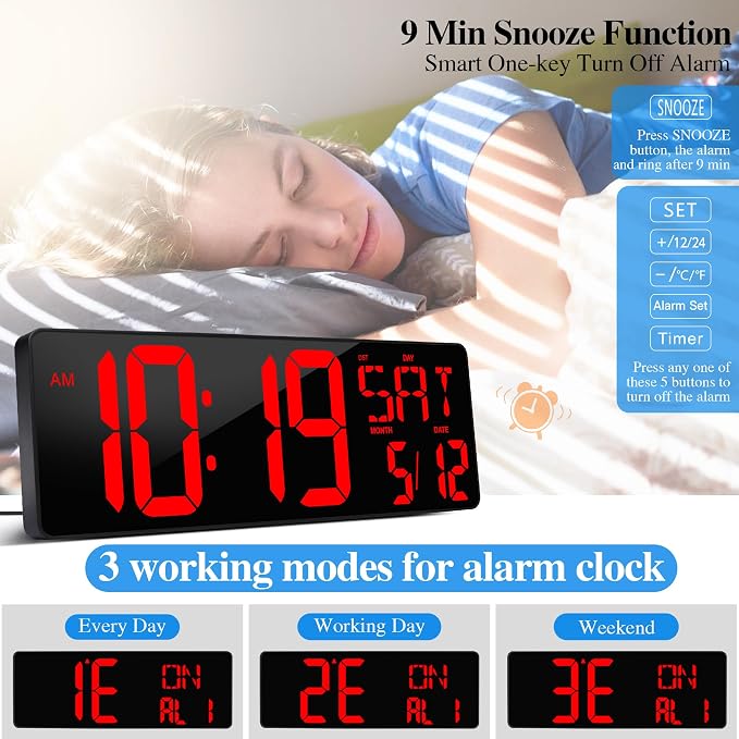17.2"Large Digital Wall Clock Large Display with Remote Control 180°Visible | Timer with Temperature Date Week Auto DST Adjustable Brightness, for Living Room Classroom Garage Gym Gift for Senior Mom Dad