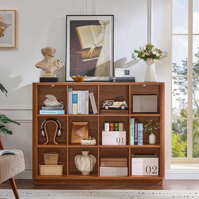 Joaxswe 12 Cube Storage Organizer, Wood Floor Standing 3-Tier Cubby Bookcase