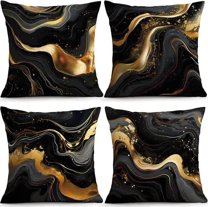 OBSEDE Abstract Black Gold Marble Decorative Throw Pillow Covers 18 × 18 in