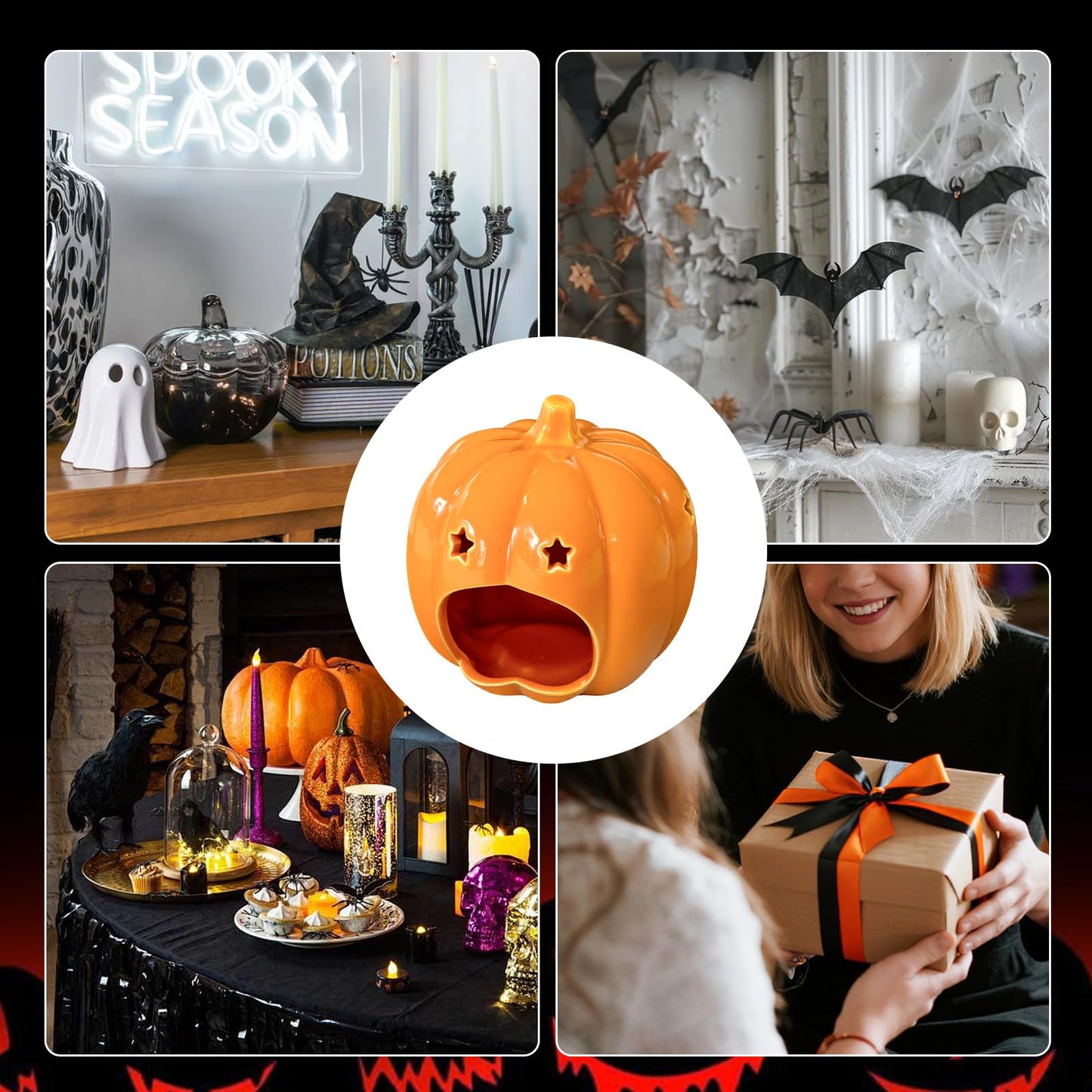 Halloween Ceramic Candle Holder Decorations Pumpkin Candle Holder Halloween Tabletop Decorative for Home Office Table Centerpiece, Cute Pumpkin Tealight Candlestick