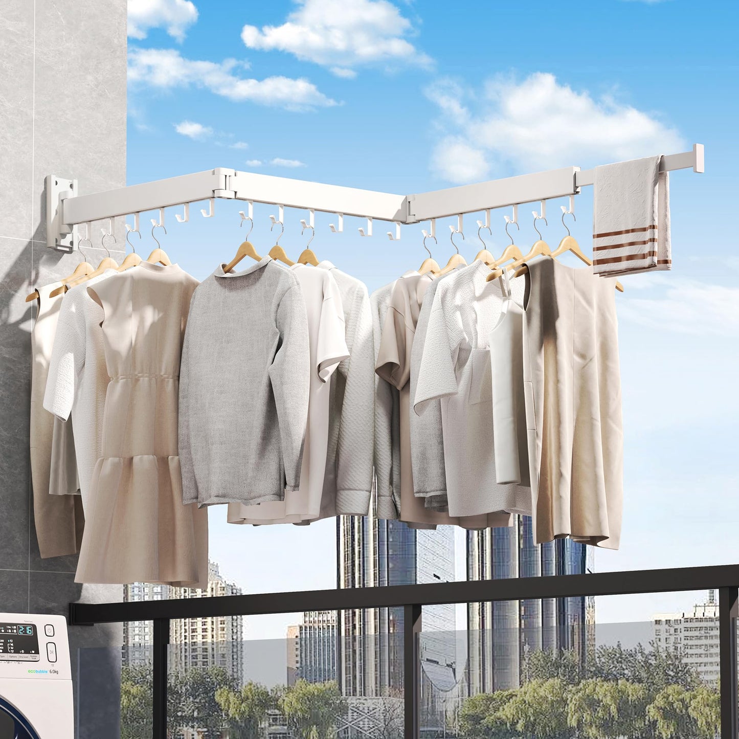 BOQORAD Clothes Drying Rack Wall Mounted,Drying Rack Clothing,Laundry Drying Rack Wall Mount,Collapsible Drying Racks for Laundry,Retractable,Foldable,Clothes Dryer Rack(White-J Type Hooks)