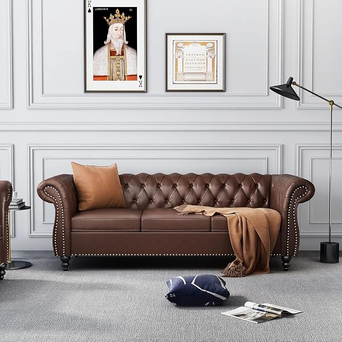 Mid-Century 3 Seater Sofa, Faux Leather Couch