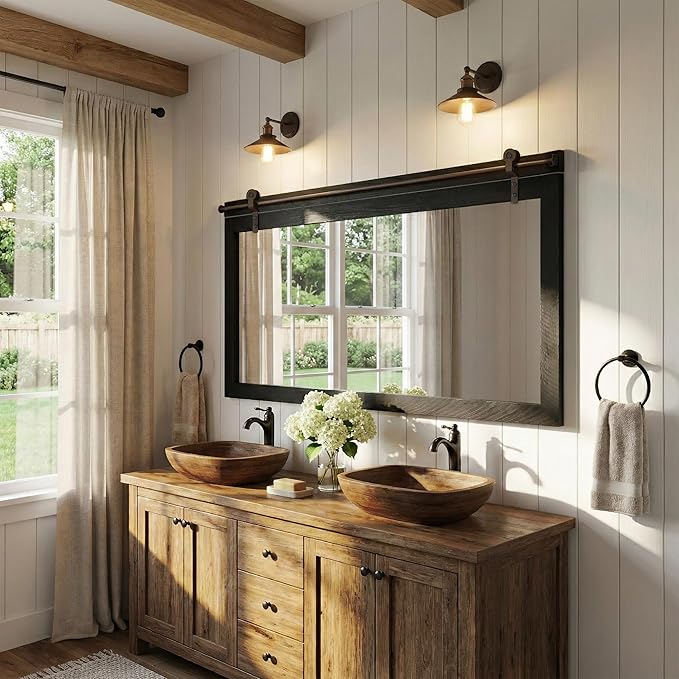 27"x49" Large Black Barn Door Mirror, Solid Wood Framed Accent Wall Mirror