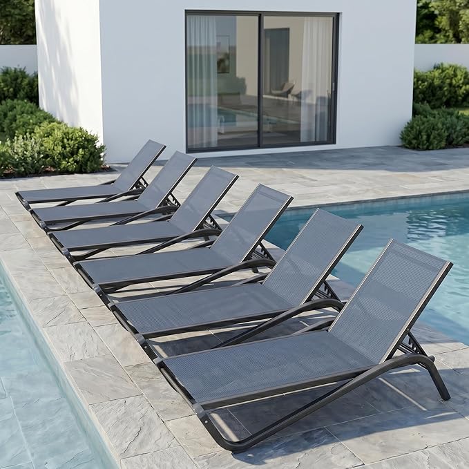 Patio Chaise Lounge Chairs Set of 6, All-Weather Aluminum Pool Loungers