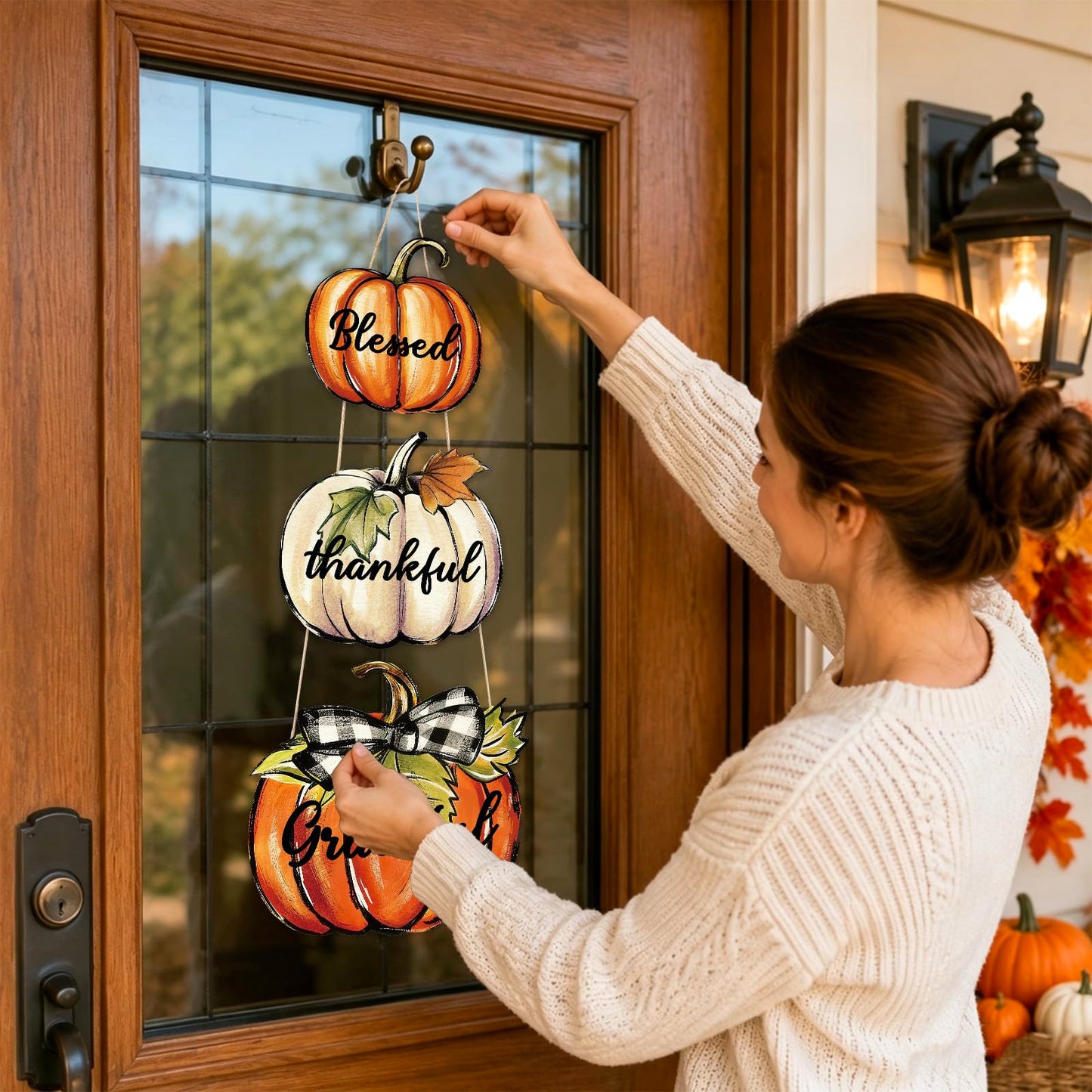 AnyDesign Fall Wooden Hanging Door Sign Thanksgiving Party Decoration Rustic Pumpkin Wood Plaque Ornament Pre-Assembled with DIY Bow Leaves for Autumn Front Door Wreath Porch