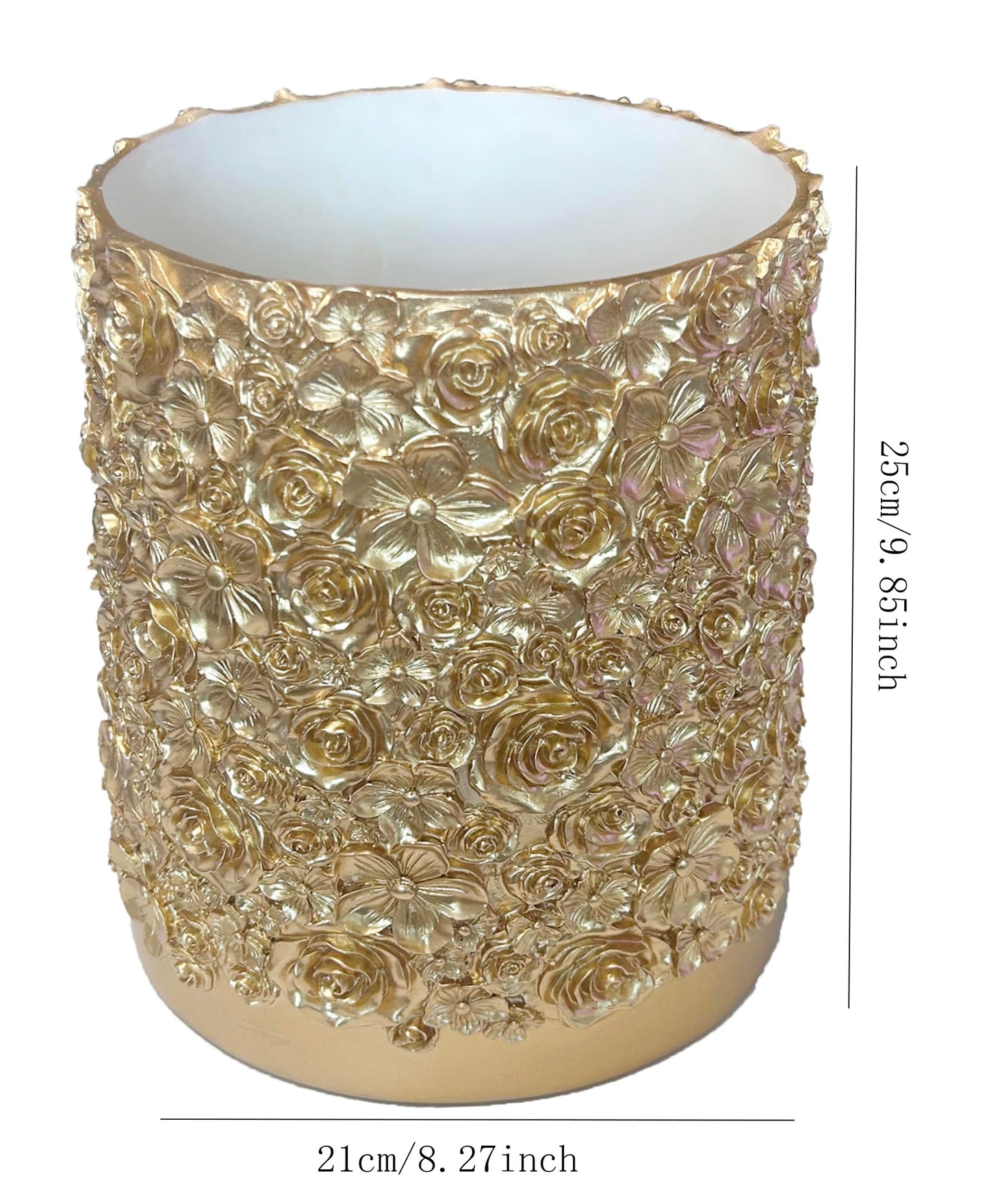 Huitony Decorative Glod Trash Can Elegant Resin Carved Waste Basket 8"x10" Trash Bin Decor Rose Floral Garbage Can for Office Bathroom,Bedroom,Livingroom 8L/2.2Gallon(Gold)