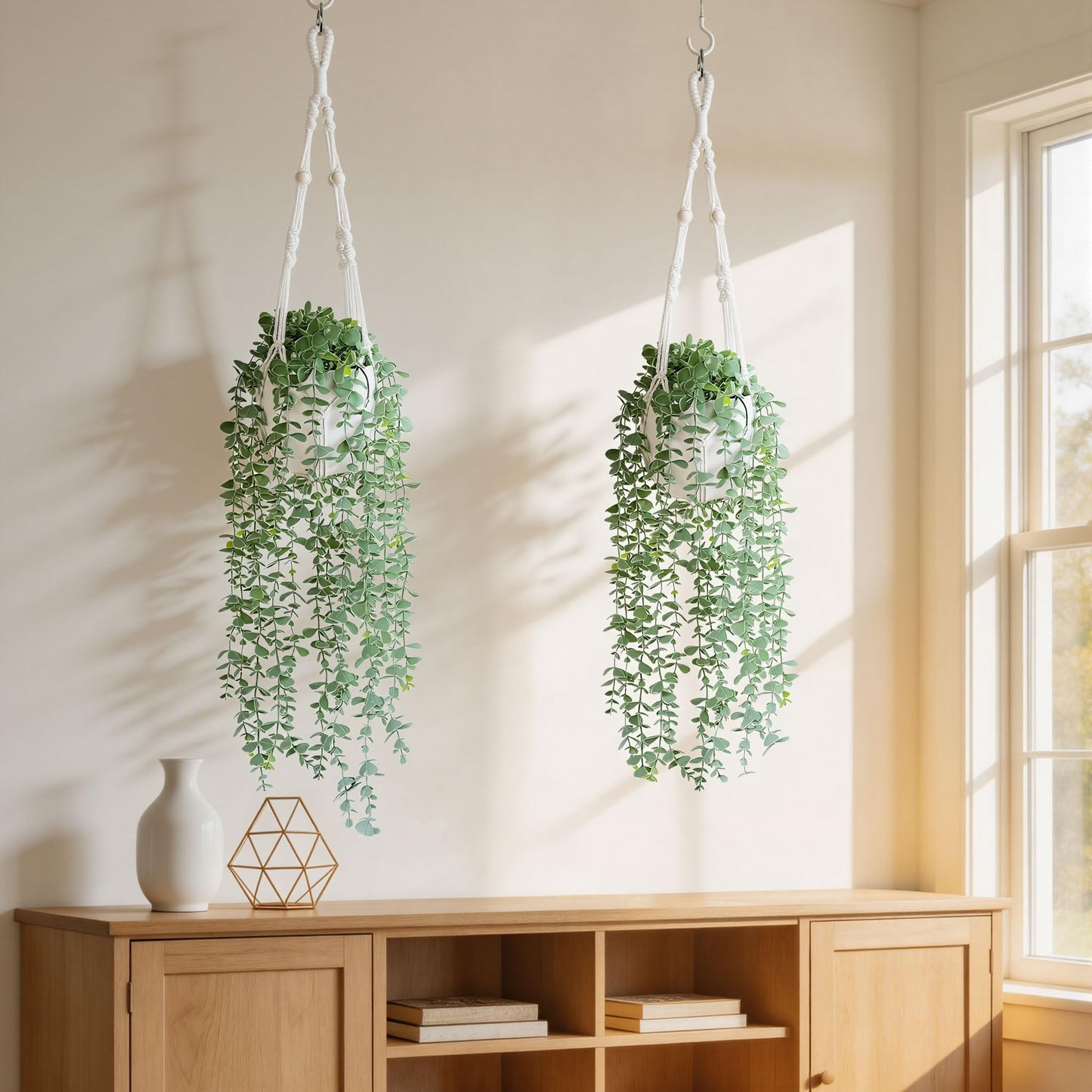 DREAMLOOM 2 Packs Fake Hanging Plants with Pots, Artificial Eucalyptus Hanging Plants with Macrame Hanger for Indoor Decor, Fake Hanging Vines Faux Greenery for Home Kitchen Office