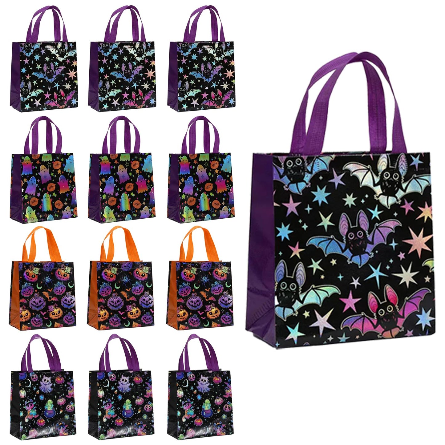 12Pcs Halloween Treat Bags, Medium Halloween Tote Gift Bags with Handles, Reusable Non-woven Bag for Candy Goodies Cookies Snacks, Trick-or-Treat or Horror-themed Party Favors Supplies(8.66 x 4.33 x 9.06 in)