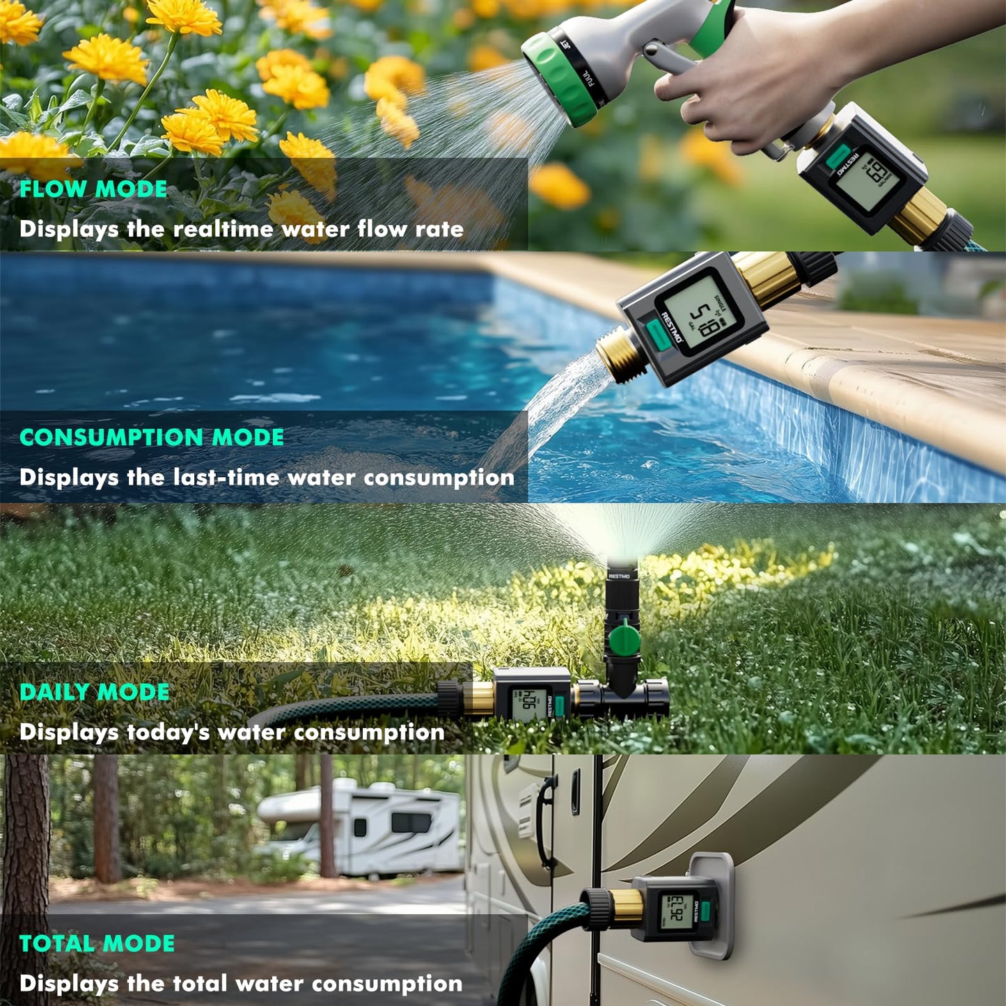 RESTMO Smart Water Flow Meter with Screen Backlight, Brass Inlet & Outlet, Measuring Gallon/Liter Consumption & Flow Rate for Garden Watering, RV Filling, Sprinklers & Nozzle - 2.4Ghz WiFi Connection