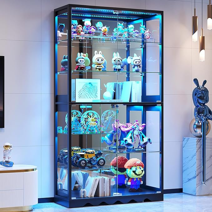 Large Display Cabinet with Glass Doors, 8-Tier RGB Curio Cabinet with Smart