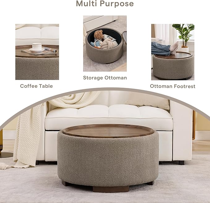 29.5 Inch Round Storage Ottoman Coffee Table, Modern Circle Coffee Table