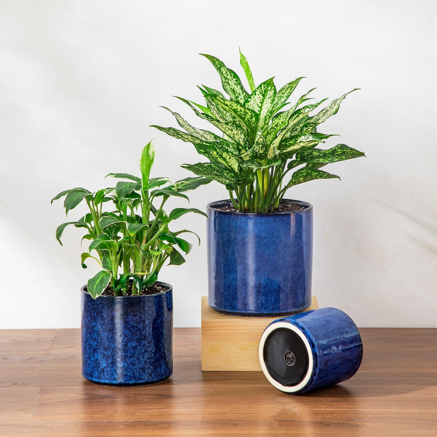 vancasso Ceramic Plant Pots, 4.25+5.25+6.25 Inch Planter Pot with Drainage Hole, Flower Pots for Indoor Outdoor Plants, Set of 3, Blue