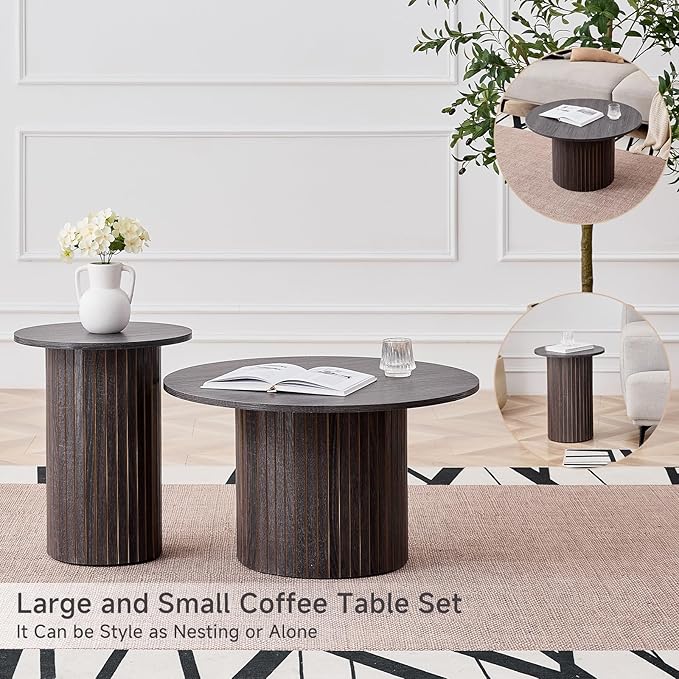 Round Nesting Coffee Table Set of 2 Mid Century Modern Wood Round Coffee Tables