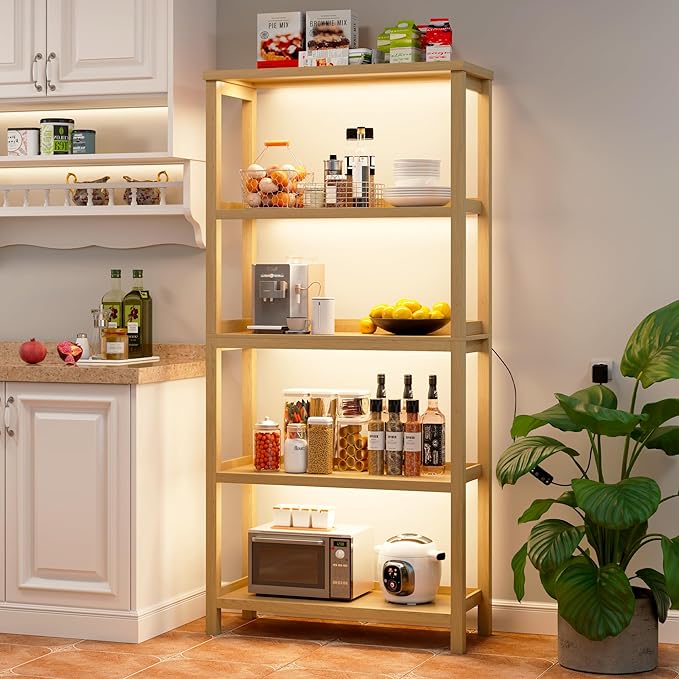 Vlsrka Wooden Bookshelf with Lights, 5 Tier Bookshelf with Storage, Tall