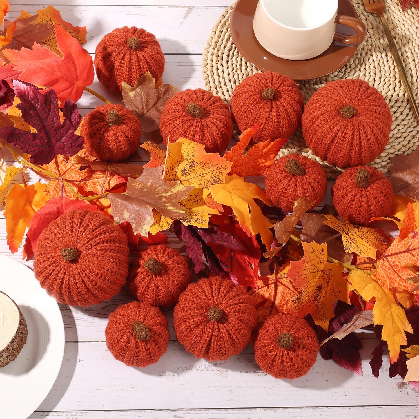 12-Pack Fall Crochet Pumpkins Handmade Fall Decor Set with 2.36, 3.15, 4inch Sizes Knit Pumpkins Farmhouse Thanksgiving Table Centerpiece, Halloween Decorations (Dark Orange)