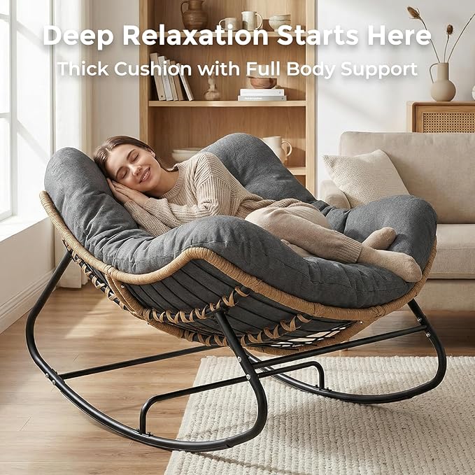 SWITTE Outdoor Papasan Rocking Chair, Oversized Patio Egg Chair