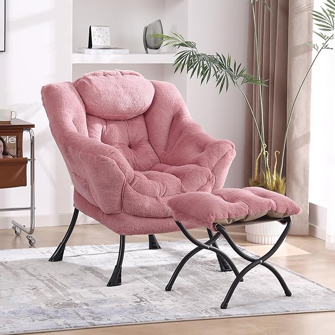 MBOOYOME Lazy Chair with Folding Ottoman, Modern Accent Armchair with Armrests