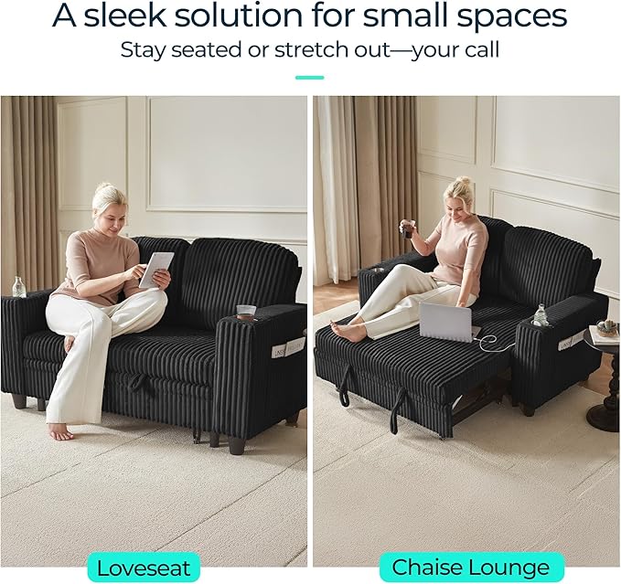 LINSY HOME Loveseat Sofa with Pull Out Couch Chaise: 2-in-1 Convertible 2
