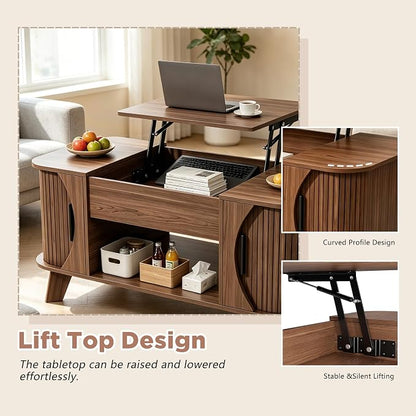 Lift Top Coffee Table with Storage, Wood Tabletop Center Table with Large Storage Shelf, Mid Century Modern Coffee Table for Living Room