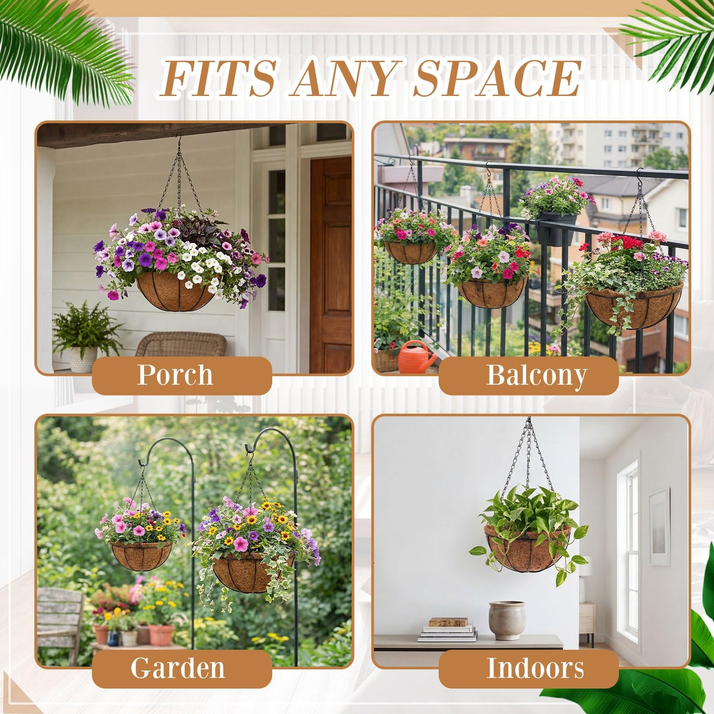 Dandat 12 Pack Hanging Planter Basket Outdoor Large Hanging Flower Pots Indoor 10 inch with Coco Coir Liner Round Wire Plant Holder Chain Basket Garden for Home Decor Balcony Office