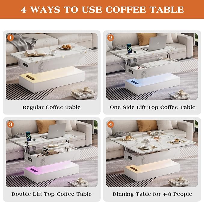 SYESWAY 39.4” Modern High Gloss Marble Lift Top Coffee Table