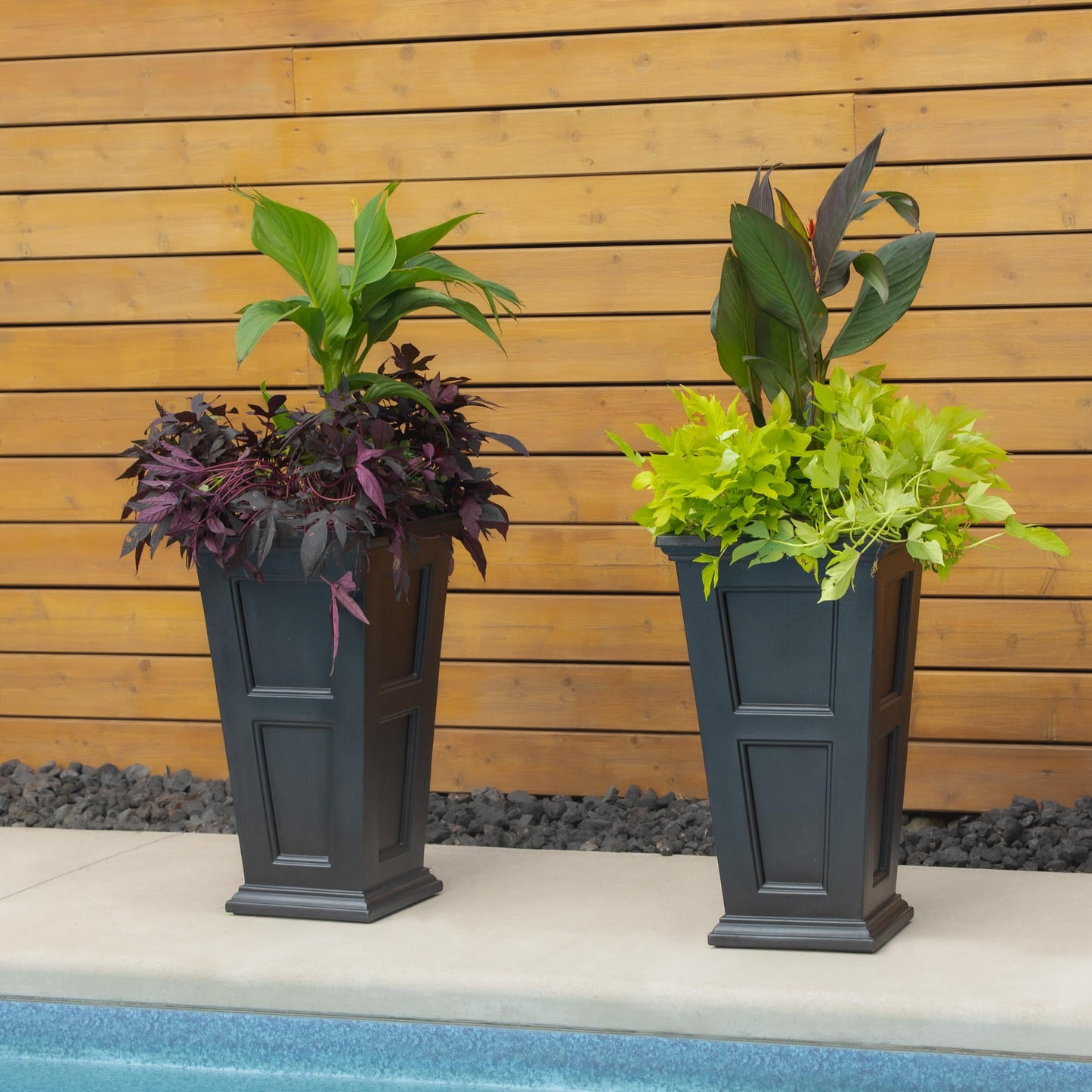 Mayne Fairfield 28-Inch Tall Planter, 2-Pack – Self-Watering, Weather-Resistant Planter for Flowers – Durable Outdoor Design for Patio, Porch, or Entryway