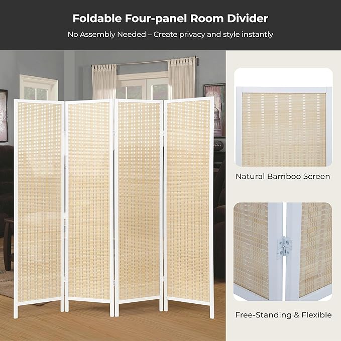 Roundhill Furniture Inkwell 4-Panel Bamboo Room Divider, Folding Portable