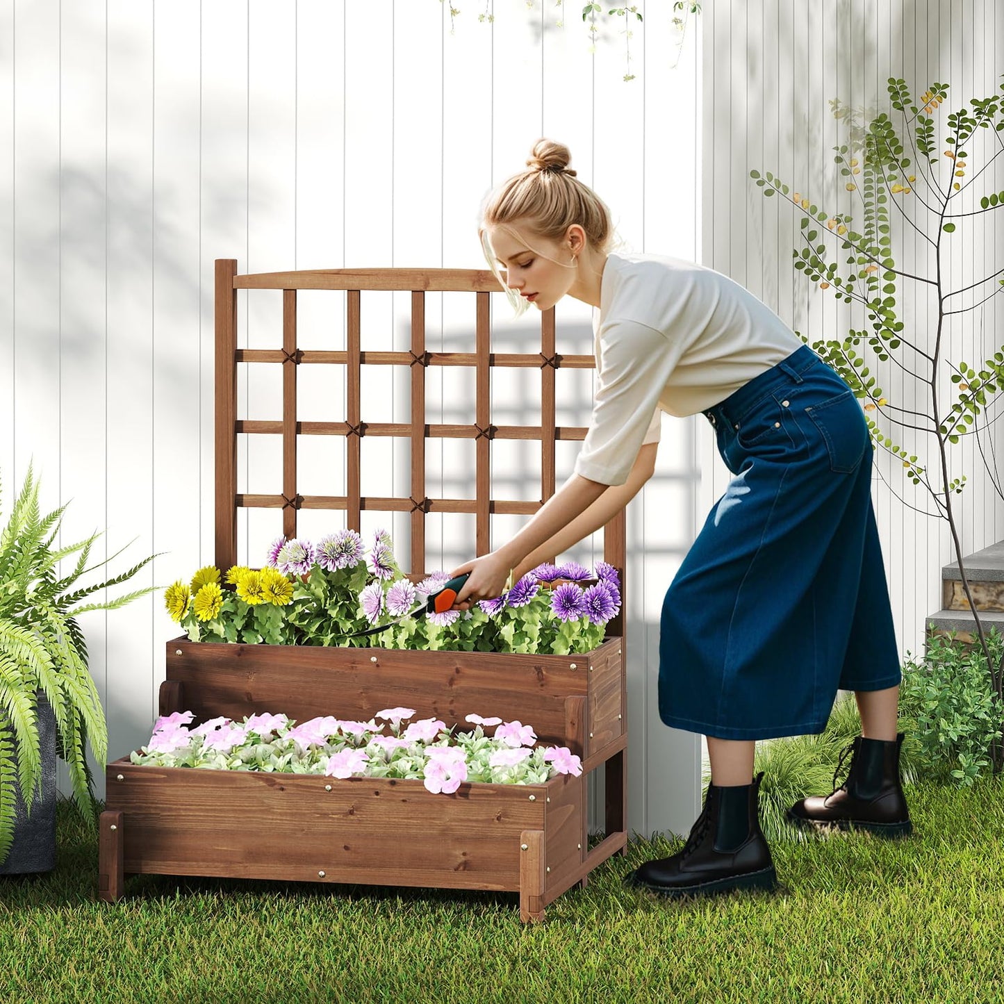 HAPPYGRILL Raised Garden Bed with Trellis, Drainage Holes, 2-Tier Wooden Elevated Planter Box w/Legs for Climbing Plants Vine Flower Herb Vegetable Fruit, Outdoor Garden Box for Patio Balcony