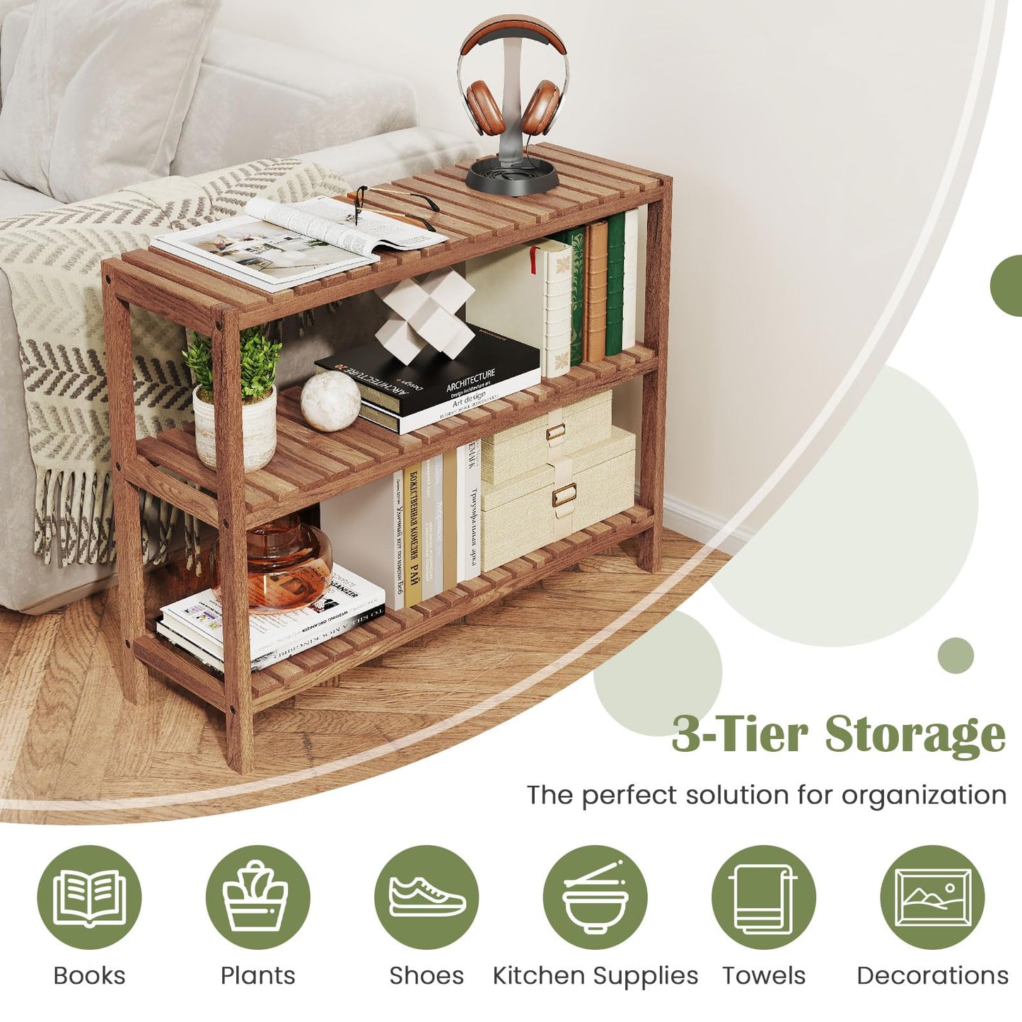 Giantex 3-Tier Wooden Bookshelf, Teak Wood Stand Storage Shelf, Rustic Plant Stand, Slatted Shelves, Farmhouse Storage Organizer, Multifunctional Display Rack for Entryway Living Room Bedroom