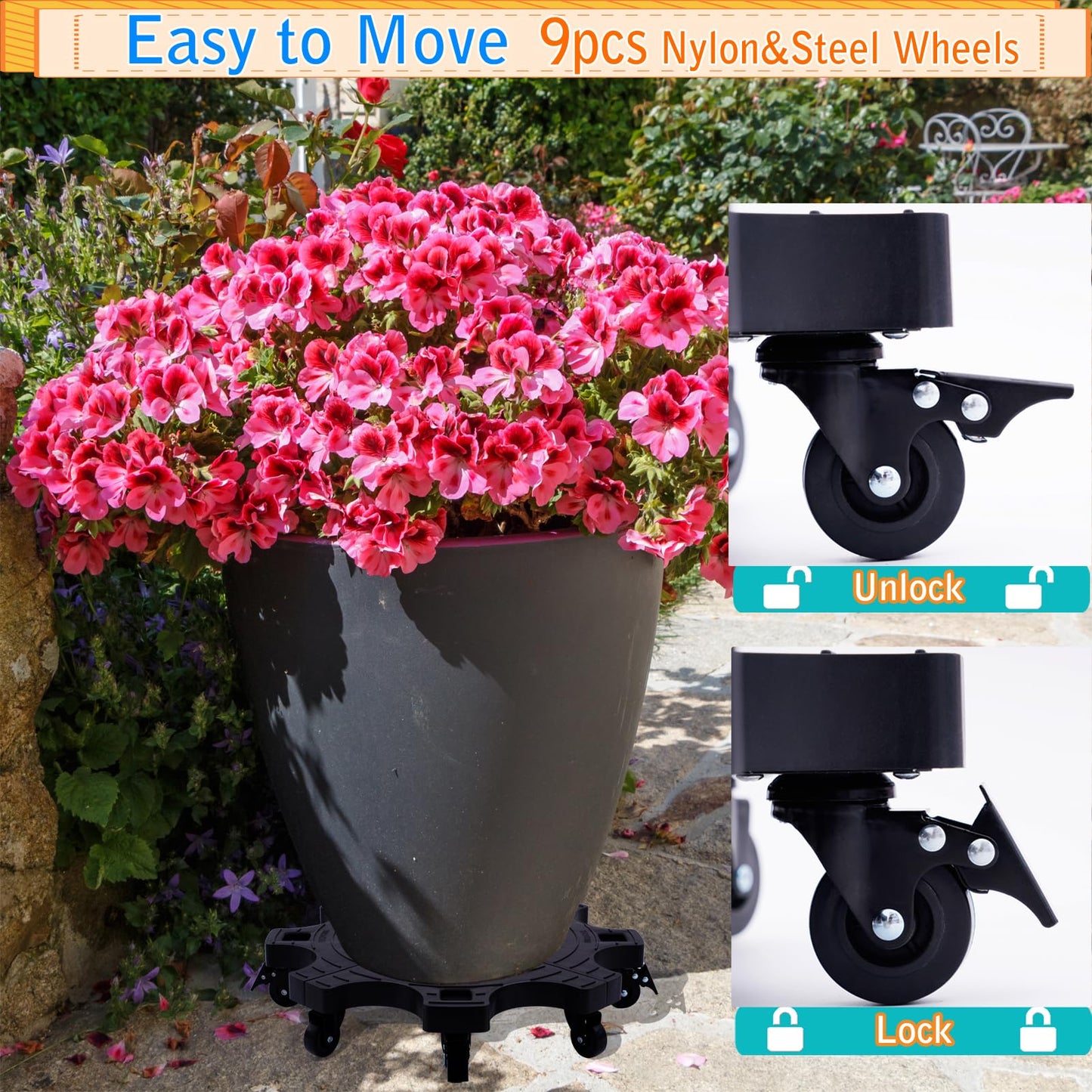 20 Inch Plant Caddy With Wheels - Heavy Duty Outdoor Indoor Rolling Plant Stand With Casters Black Plant Dolly Large Potted Planter Cart For Big Flower Pots Plants Pots, Heart Shaped Garden Pot Mover