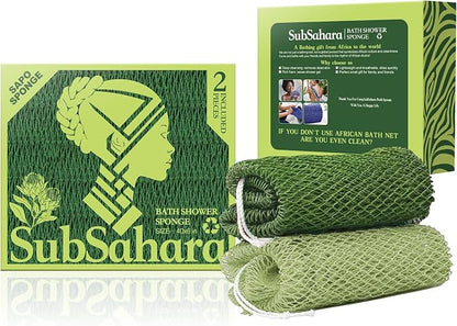 SubSahara Authentic African Net Sponge - 2 Pack Exfoliating Bath & Shower Loofah Sponge for Body & Face, Gentle Scrubber for All Skin Types, Travel, Durable Polyester (Olive Green & Light Green)